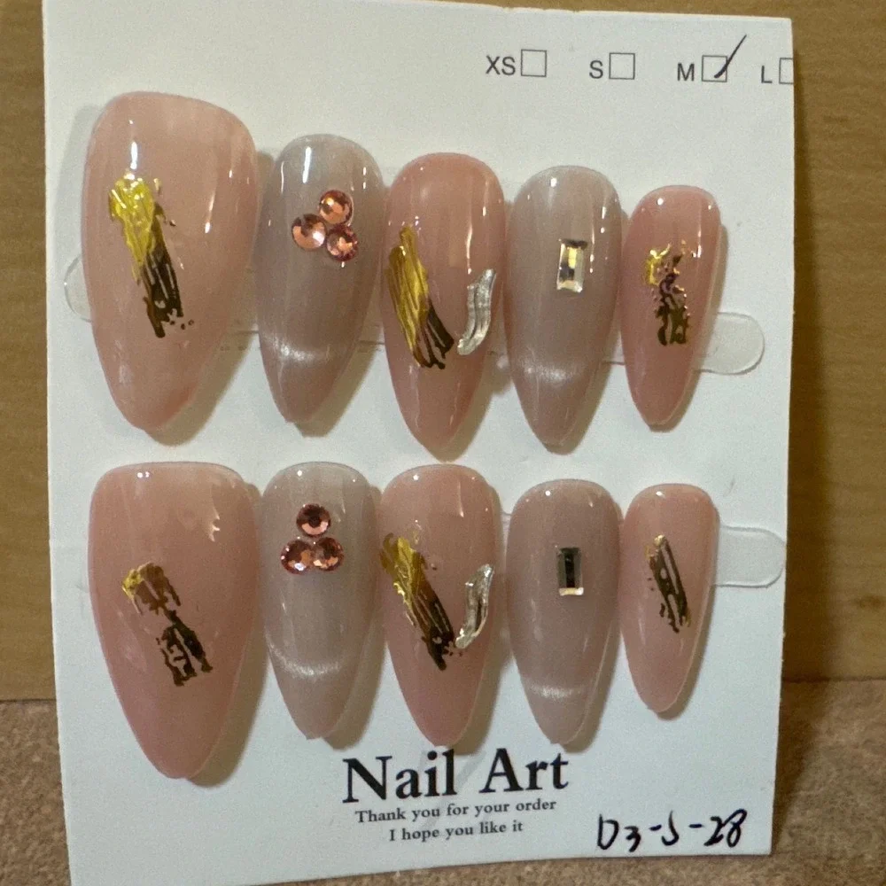 Press On Nails Medium Almond Pink Taupe Gold‎ Foil Rhinestone Set 10pc
